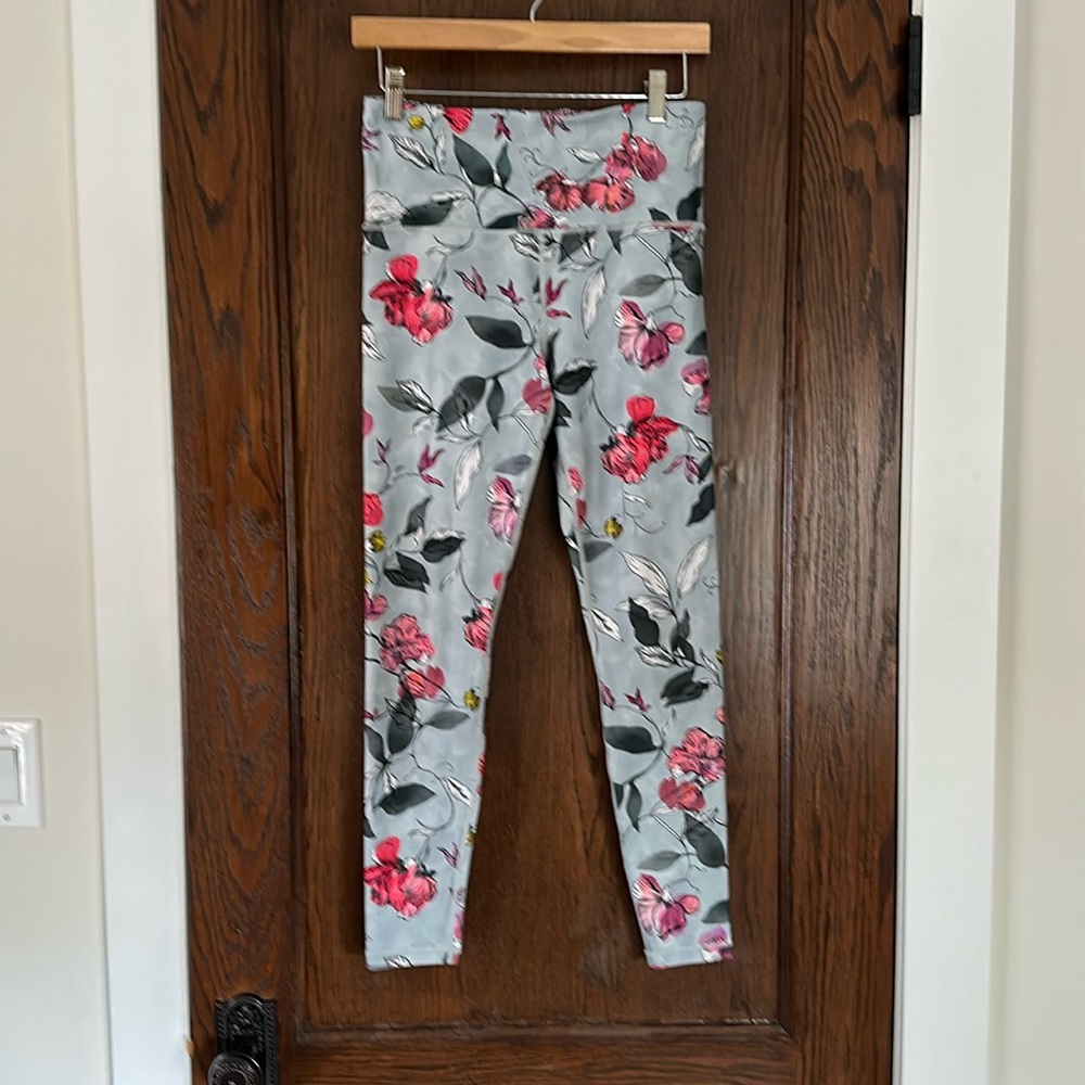 Athleta Gray Floral Leggings with Pink & Green Accents